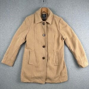St Johns Bay Womens Camel Wool Blend Button Front Pea Coat Jacket Tan Medium